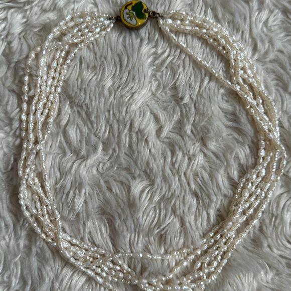 Vintage 6 Strand Freshwater Rice Irregular Pearl Necklace Cloisonne Closure - Picture 1 of 8
